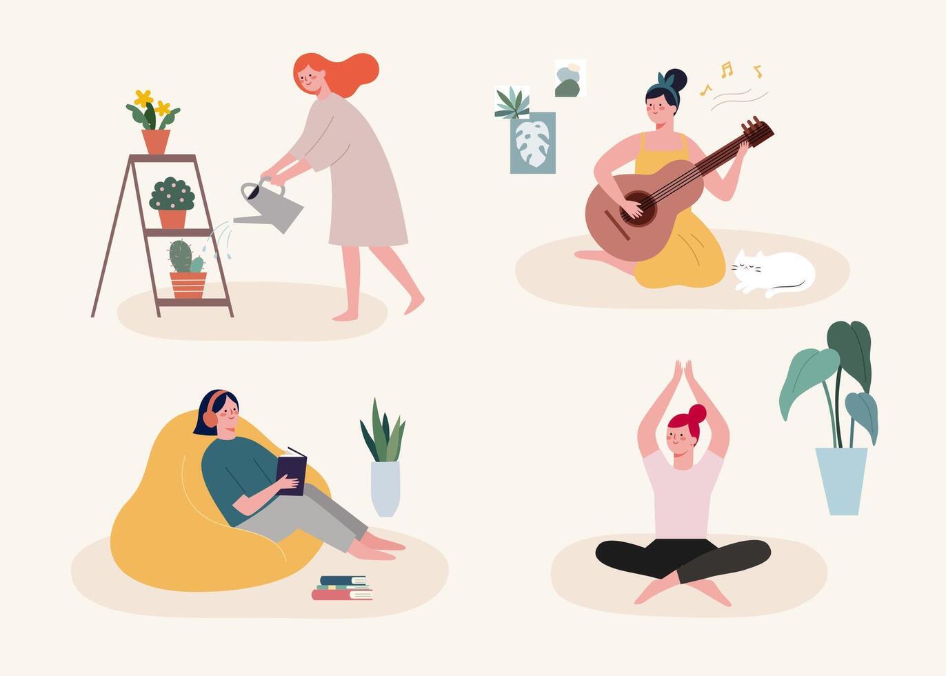 Flat illustration of staying home during quarantine. People doing different activities indoors, including watering plants, playing guitar, reading books, doing yoga. vector