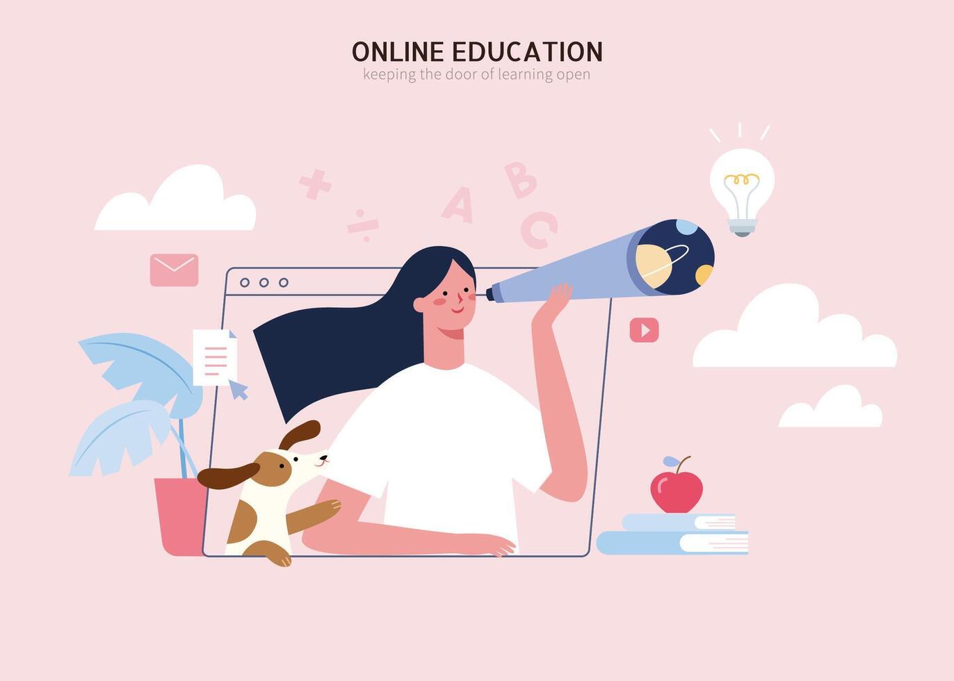 Online education and knowledge development concept, girl looking through a telescope with her pet dog standing by vector