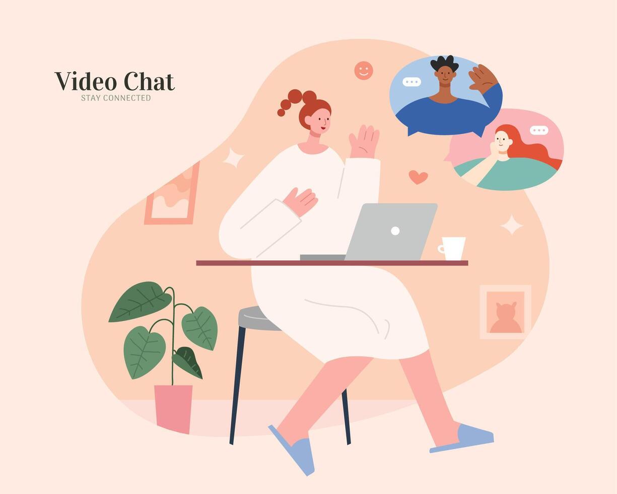 Cute girl chat with friends, family or colleagues to keep connected in distance. Flat illustration, concept of showing love and smile or online learning. vector