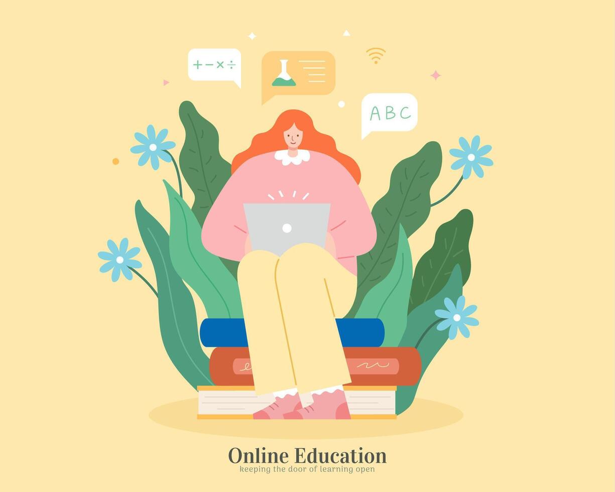 Cute girl sitting on books and using laptop with floral background. Illustration in flat design, suitable for webinar, distance learning, online education vector