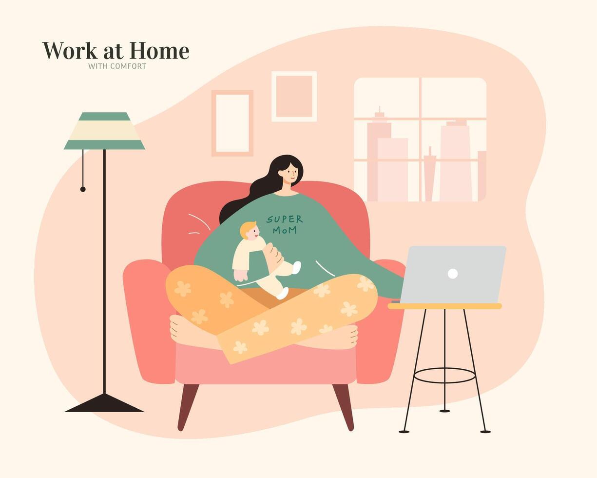 Asian mom with pajamas holding cute baby and using laptop on sofa. Flat illustration. Work from home, mother entrepreneur or freelancer concept. vector