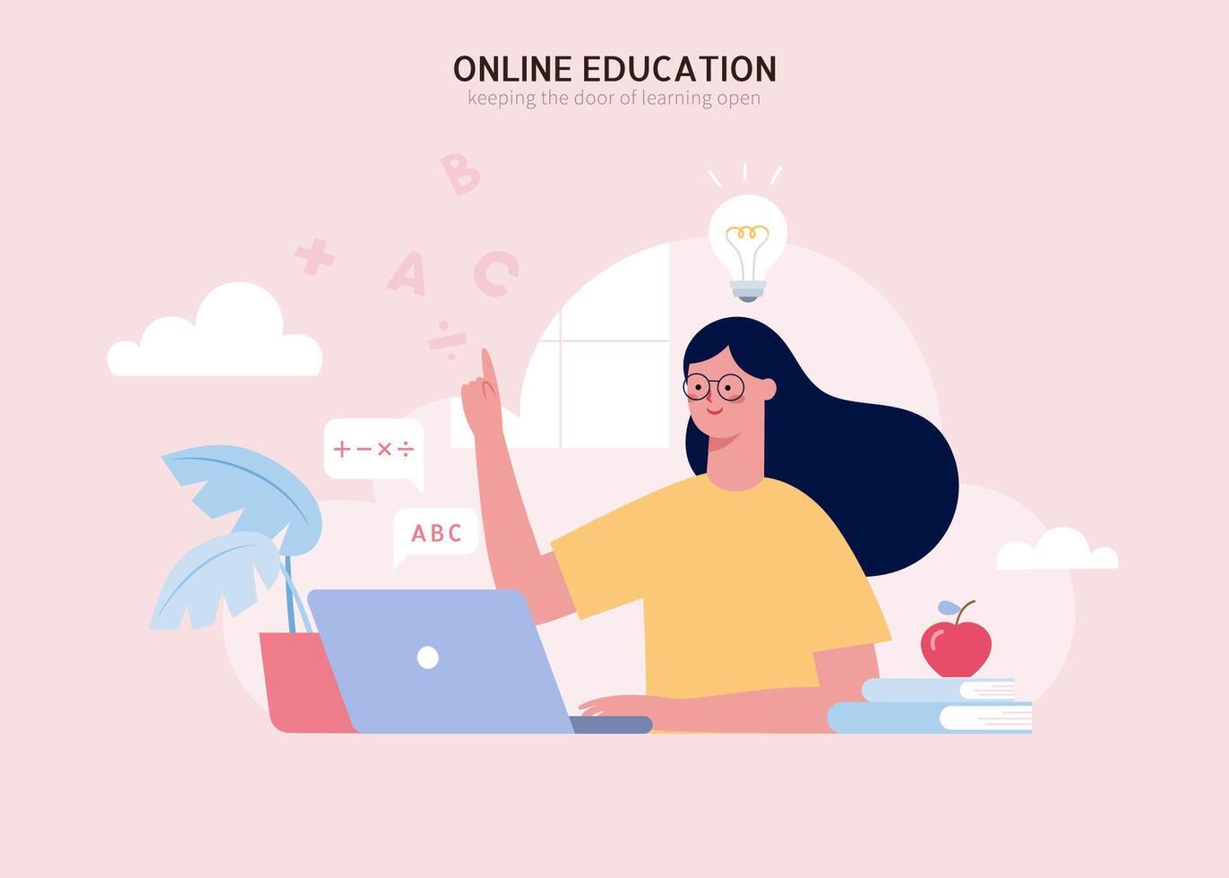 Young girl sitting at laptop and having an online class at home, concept of remote learning or tutorial in flat design vector