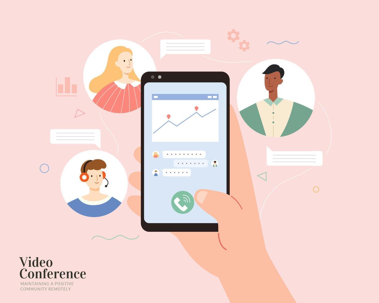 A hand holding smartphone with chart and messages on screen. Good communication with team members or clients. Flat illustration, concept of conference or online teamwork. vector