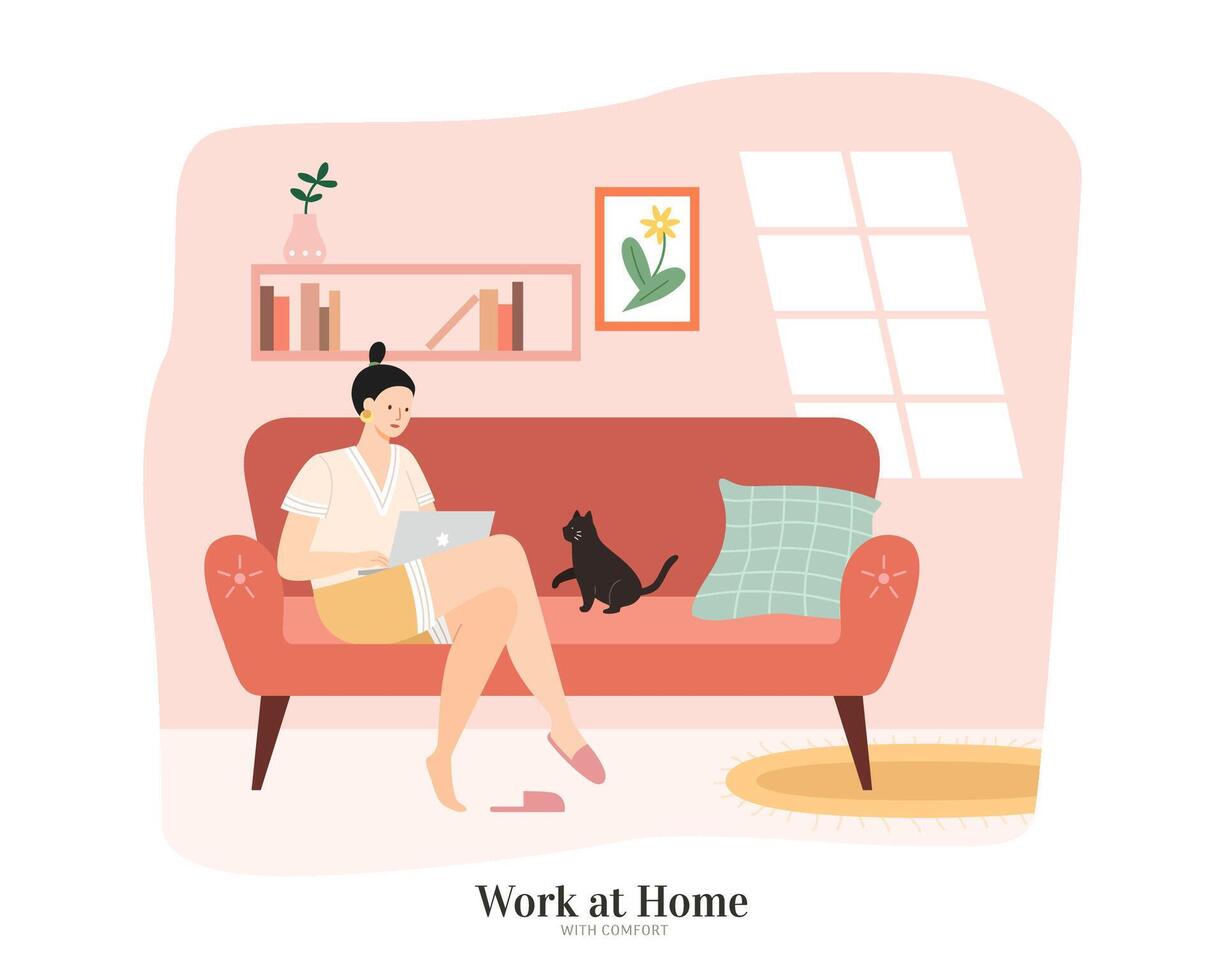 elegante asiático mujer sentado en sofá y utilizando un ordenador portátil en vivo habitación. plano ilustración, concepto de trabajo desde hogar o en línea compras. vector