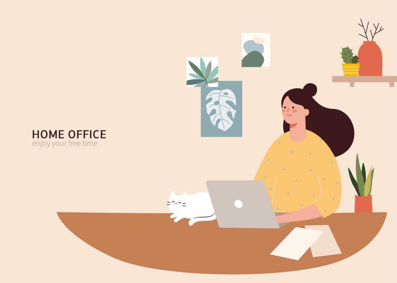 Young woman working on laptop while sitting at the desk with a pet cat, and decor element on wall behind, isometric 3d flat design of woman working at home office vector