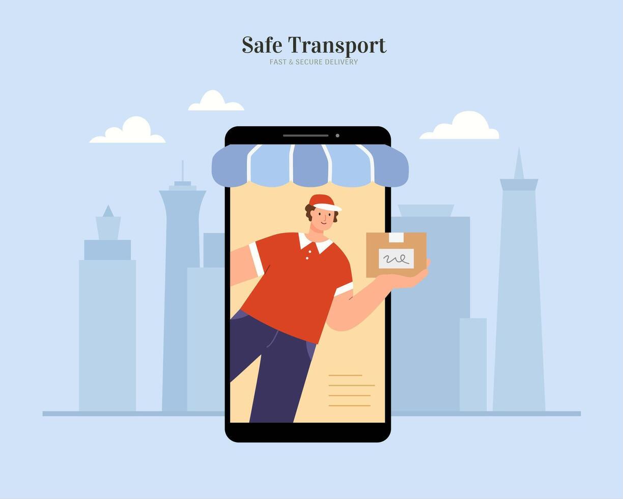 Safe and fast shipping for online shop with a courier delivering package through phone screen. Flat illustration for e-commerce and online business. vector