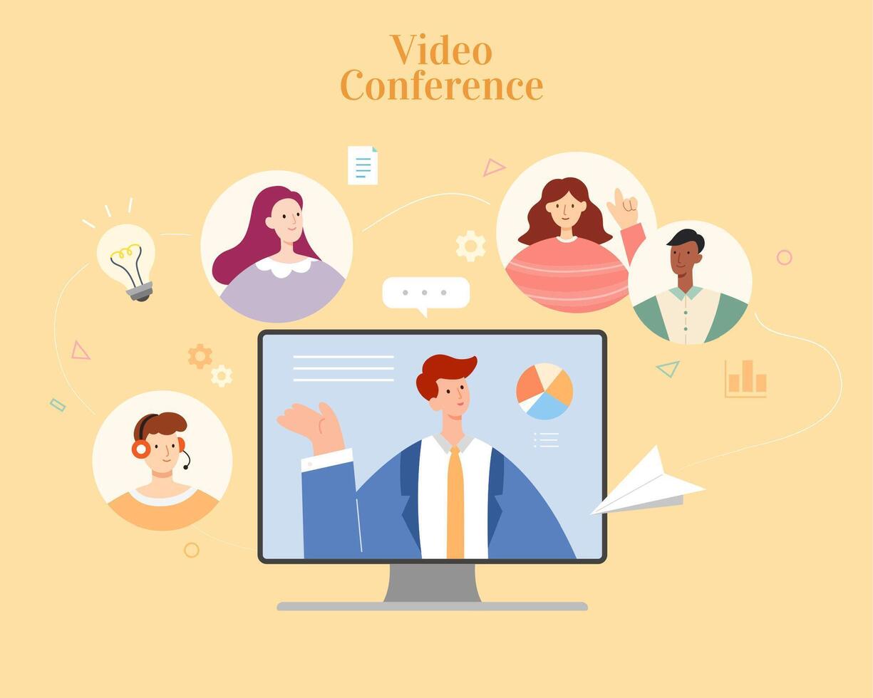 Businessman having conferencing with team members via computer screen. Flat illustration, concept of online brainstorm, virtual workplace and webinar. vector