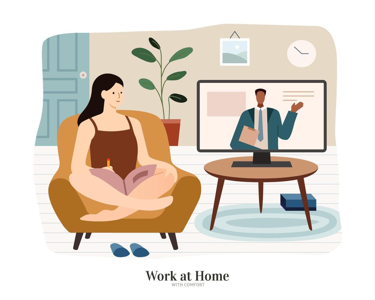 Asian woman sitting on couch and watching TV in living room. Flat illustration, concept of self quarantine during the COVID 19 lockdown or self learning through online tutorial . vector