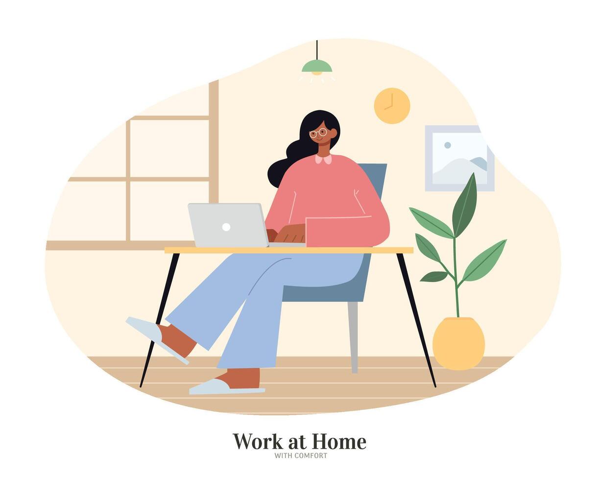 africano mujer sentado a escritorio y utilizando ordenador portátil. plano ilustración, concepto de Relajado hogar oficina, independiente y trabajo desde hogar. vector