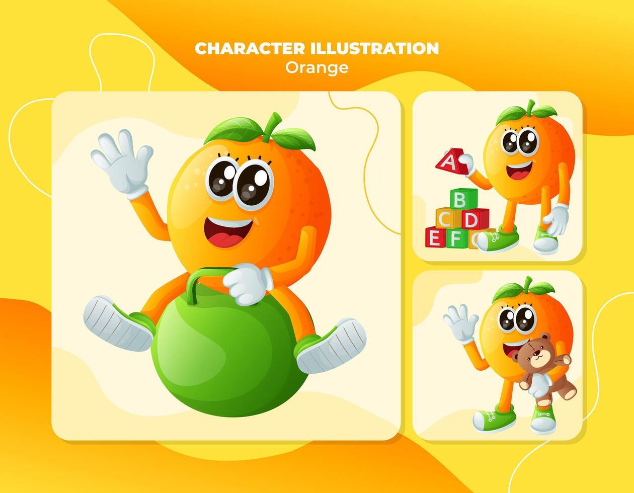 linda naranja caracteres jugando con niño juguetes vector