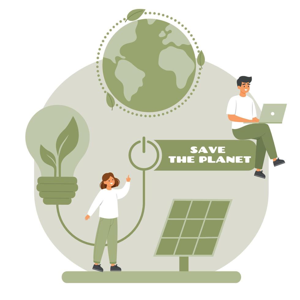 salvar el planeta concepto. utilizando solar paneles controlar energía consumo vía ordenador portátil. vector