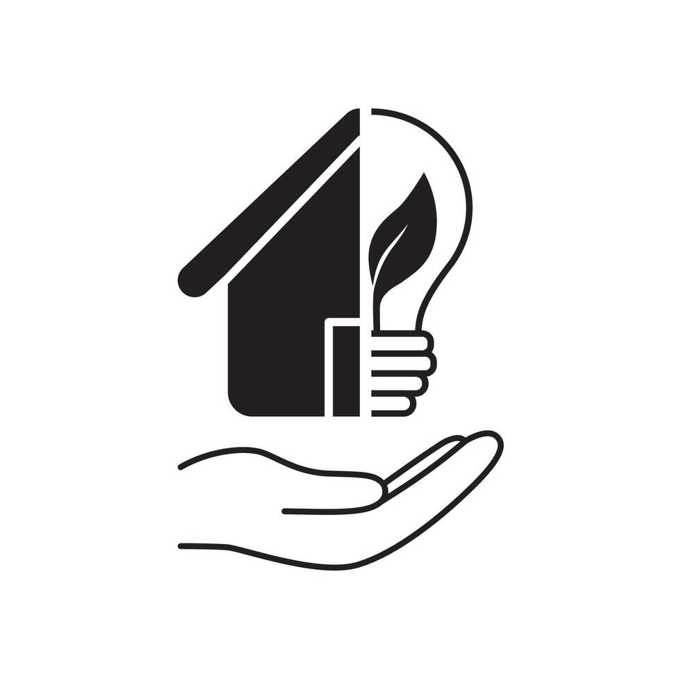 Hands hold lightbulb with leaf inside and house. Eco energy icon. Save energy concept. illustration vector