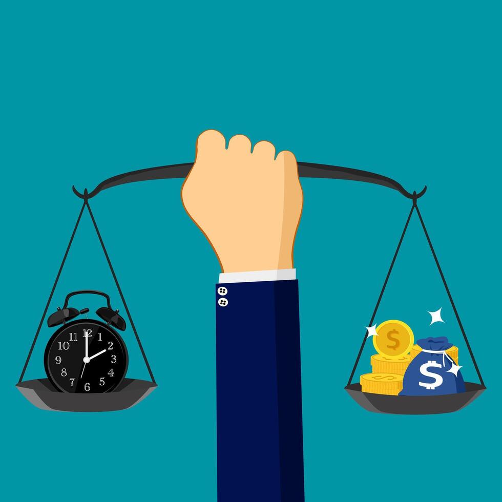 Time and money on the scales. The idea that time is worth more than money vector