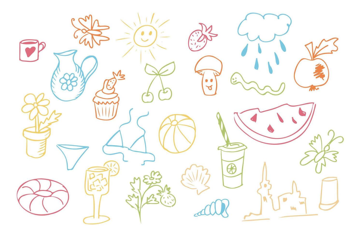 Summer pastel colored hand drawn drawings set. Childish outline elements isolated on white background. Vacation summer concept. Good for decoration, stickers, background. vector