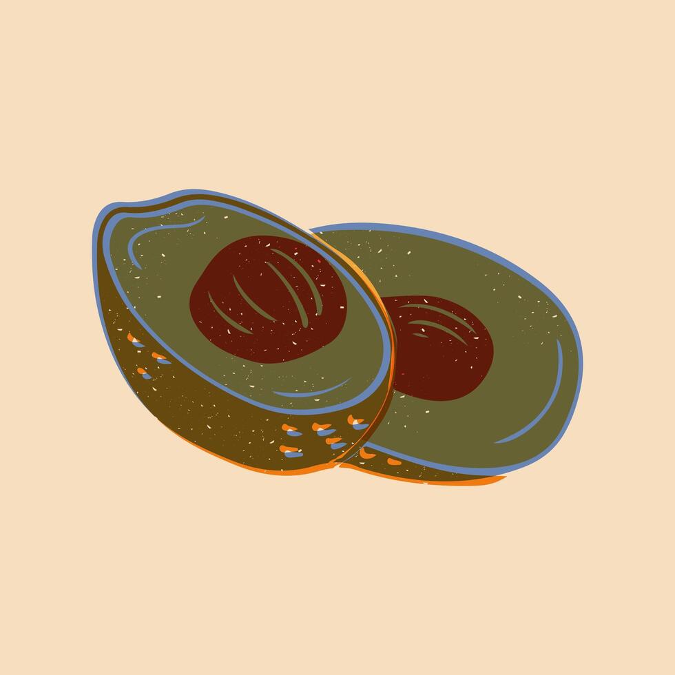 Avocado halves. Risograph imitation with grunge effect. Healthy food concept. Square poster or background. Risoprint composition with scratches vector