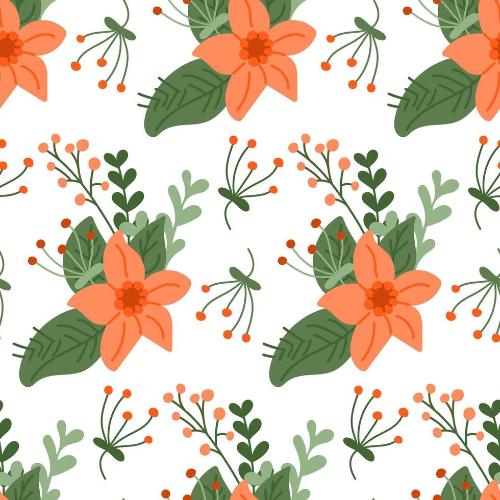 Seamless pattern with flat floral composition. Springtime or summer concept. Flat hand drawn colored elements on white background. Trendy print design for textile, wallpaper, interior, wrapping vector