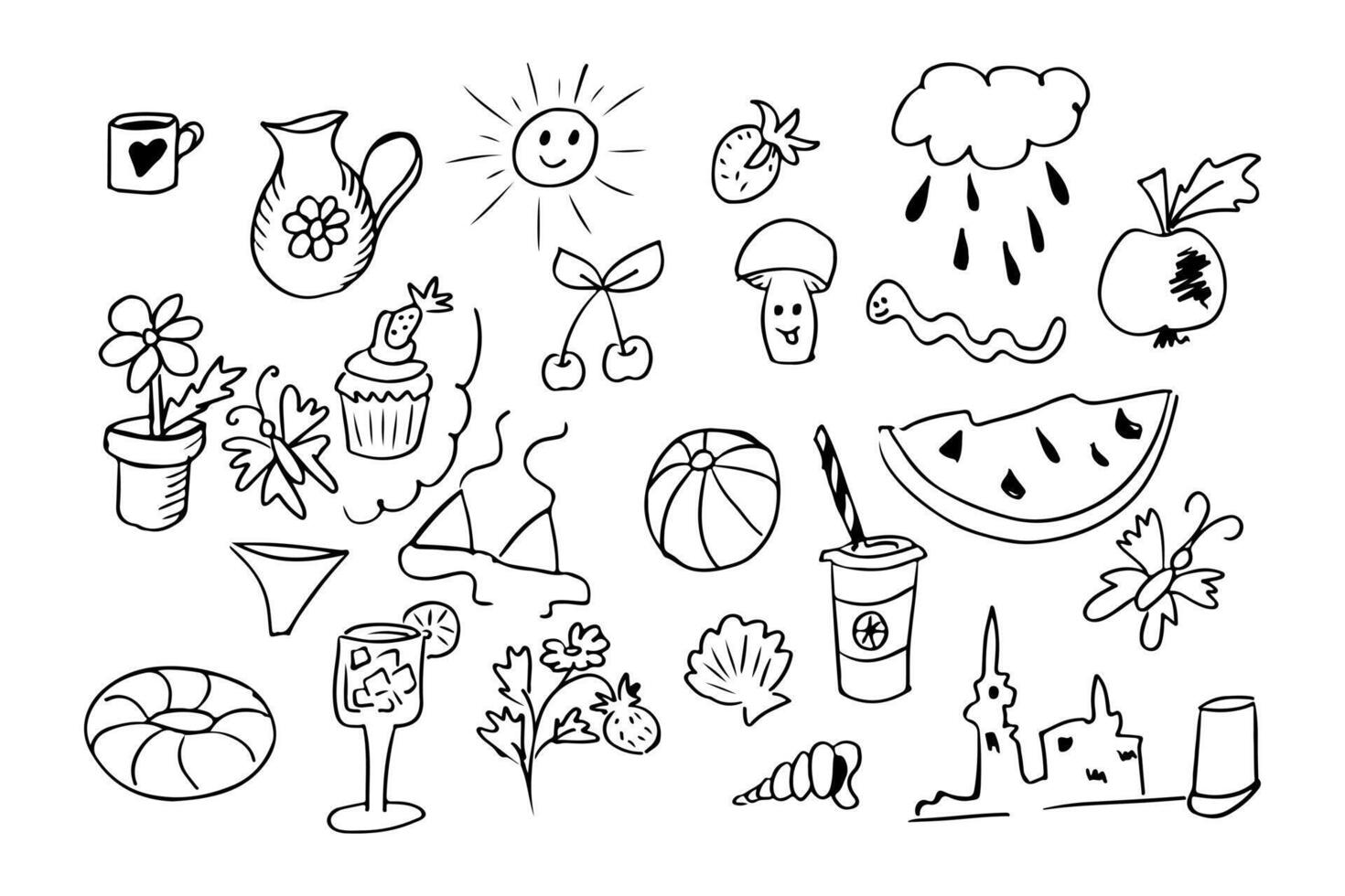 Set of hand drawn doodles with summer items. Black outline isolated elements on white background. Vacation summer concept. Good for coloring pages, stickers, tattoo vector