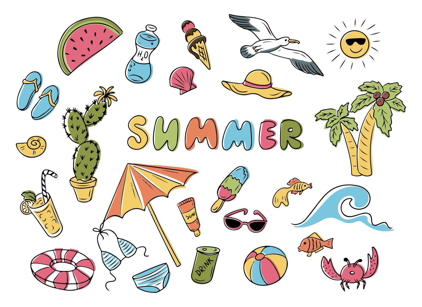 Set of summer colored hand drawn doodles. Vacation summer concept. Sea beach related items isolated on white background vector