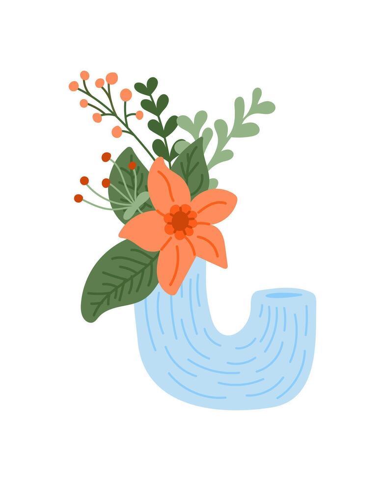 Flat hand drawn floral composition in modern vase. Abstract stylized flowers and modern vase isolated on white background. Unique print design for printout, poster, interior. Modern print concept vector