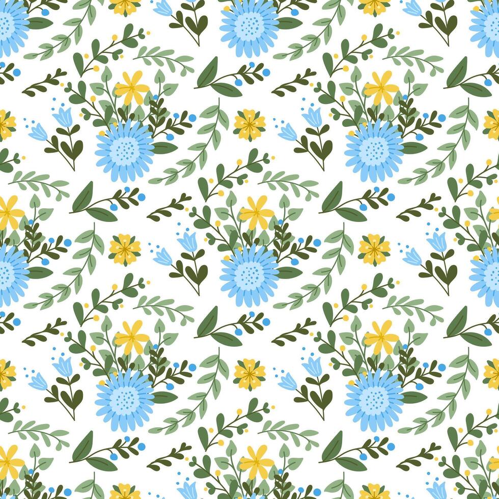 Composed abstract floral flowers and branches pattern. Springtime or summer concept on white background. Flat hand drawn colored items. Trendy print design for textile, wallpaper, interior, wrapping vector
