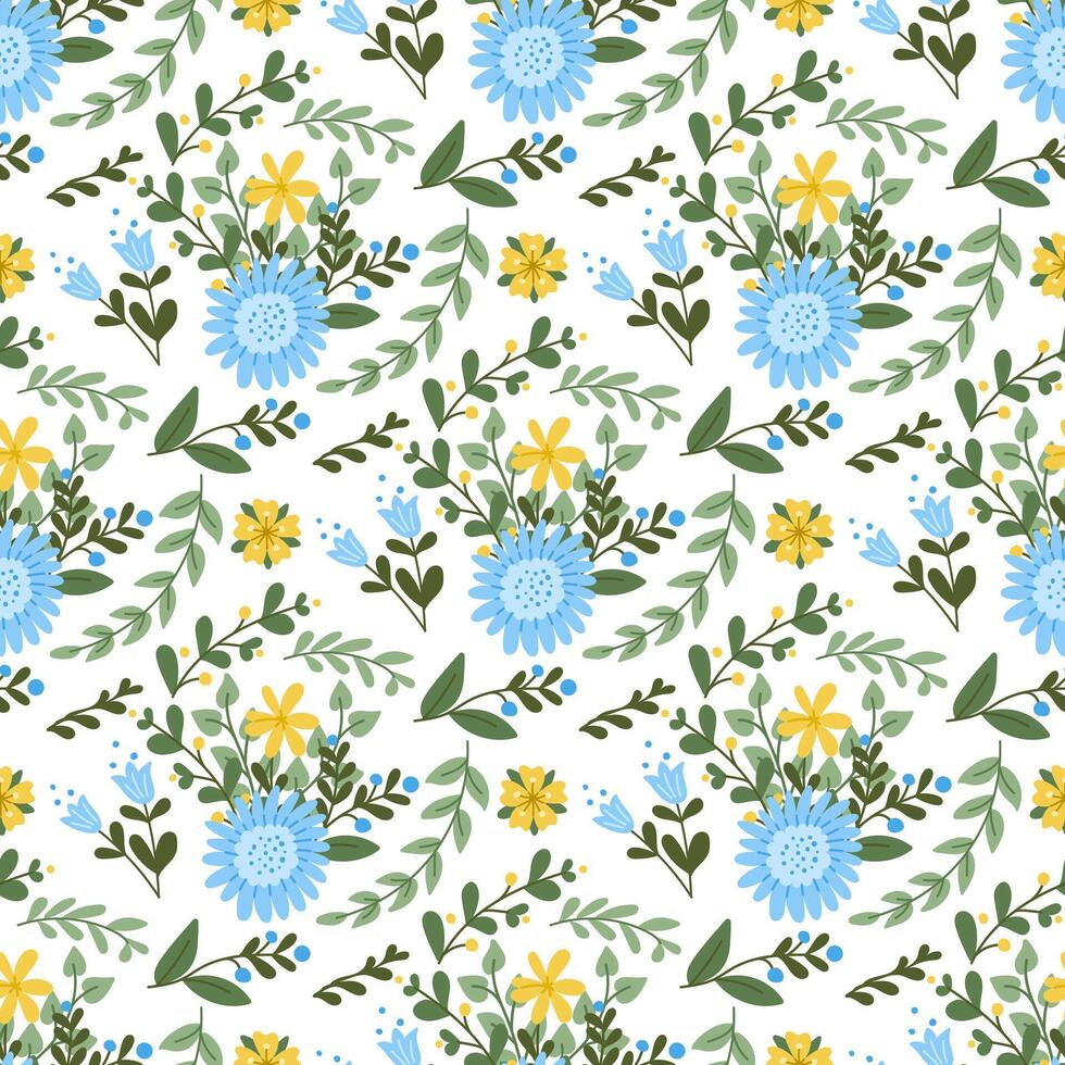 compuesto resumen floral flores y ramas modelo. primavera o verano concepto en blanco antecedentes. plano mano dibujado de colores elementos. de moda impresión diseño para textil, fondo de pantalla, interior, envase vector