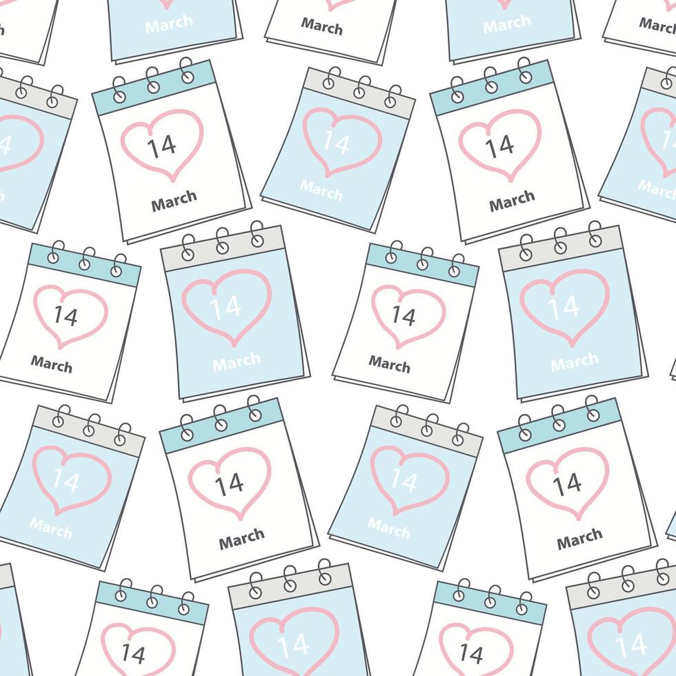 Seamless pattern of 2 deferent calendar pages with White Day date 14 March and heart shaped stroke vector