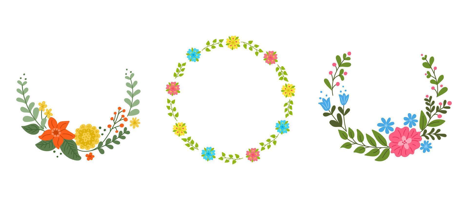 Flat stylized hand drawn floral wreaths collection. Holiday concept. Sketchy hand drawn abstract flowers and branches isolated on white background. Ideal as template for greetings, banner, background vector