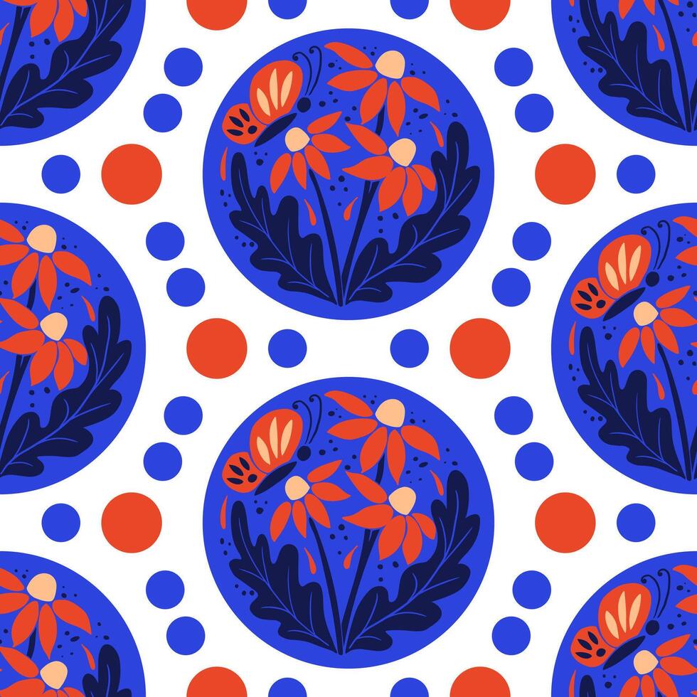 Abstract floral pattern with round illustration on white background. Flat hand drawn cut out flowers, leaves in bright colors. Unique retro print design for textile, wallpaper, interior, wrapping vector