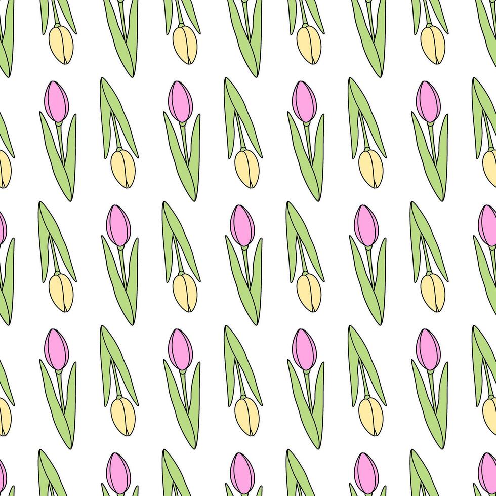 Colorful tulips seamless pattern in trendy soft marker shades. Abstract background texture. Isolate vector