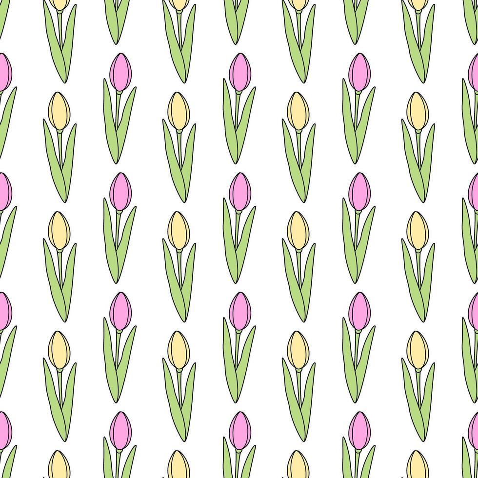 Seamless pattern colorful tulips in trendy gentle marker shades yellow and pink. Abstract backdrop vector