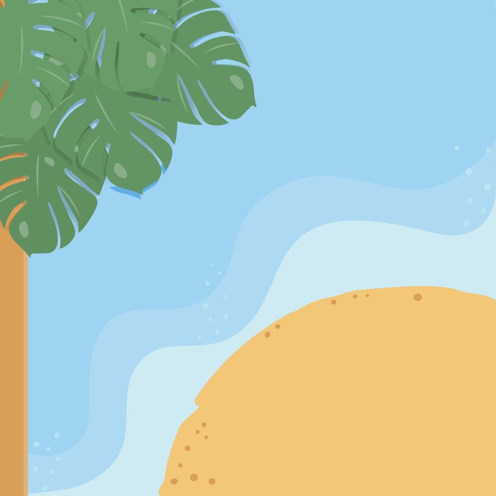 Summer landscape background with copy space, palm tree, part of sandy beach and sea waves around vector