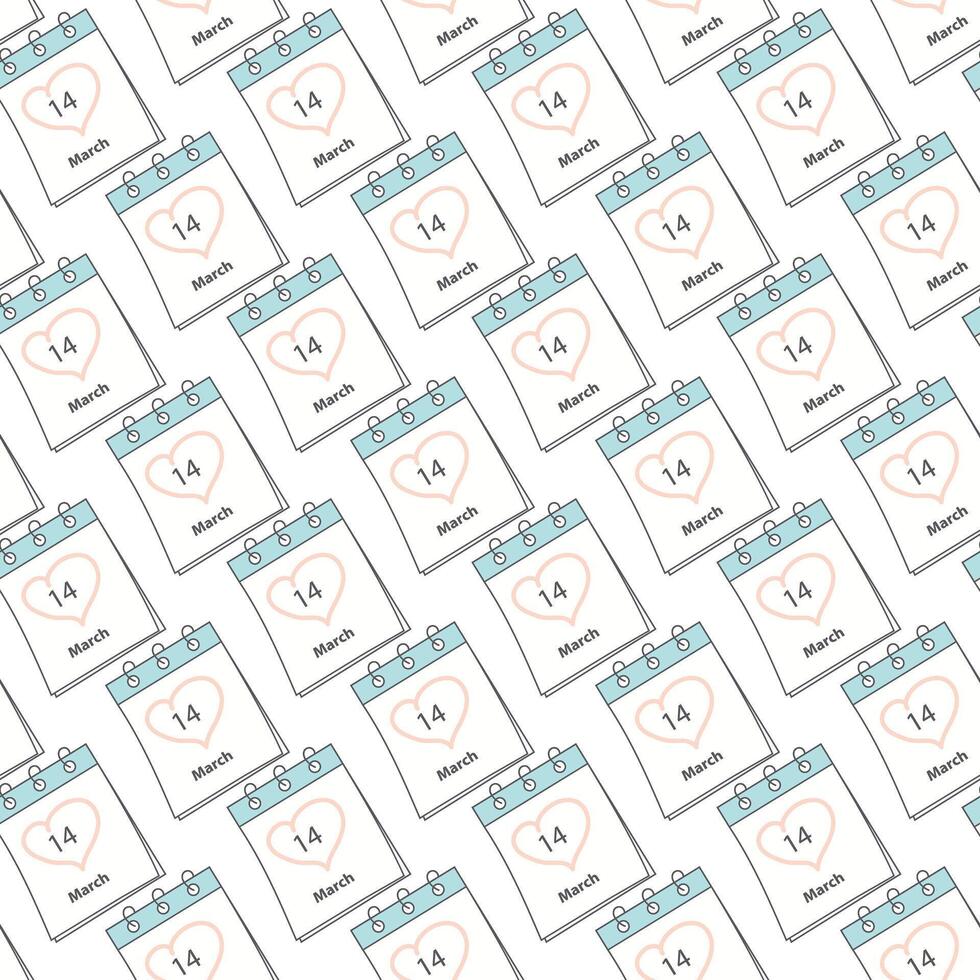Seamless pattern with White Day 14 March date and heart shaped stroke by hand on calendar pages. vector
