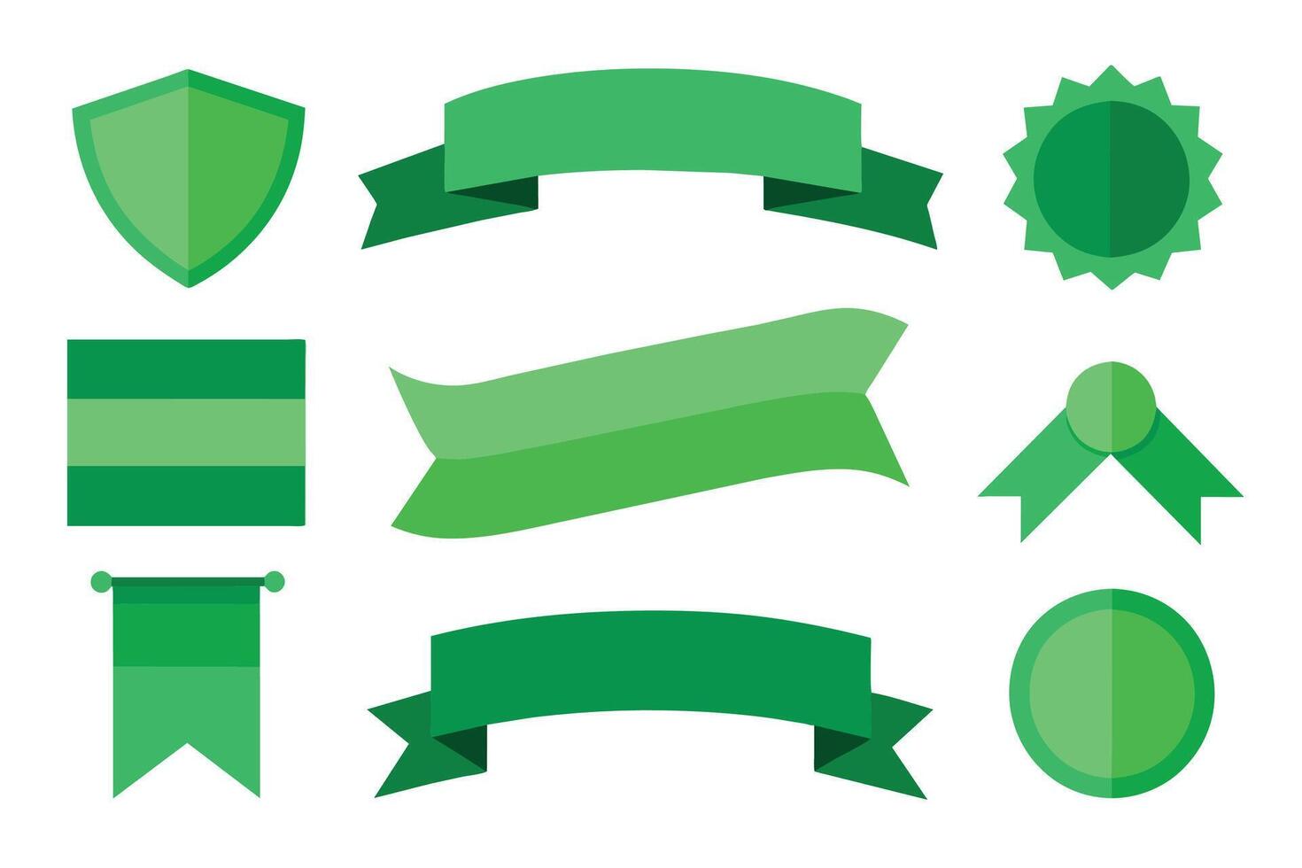 Collection of green ribbons tags badges and labels isolated white background vector