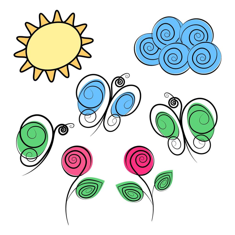 sol, espiral nube, mariposas y floreciente rosas en de moda marcador matices ser de 7 7 estilizado elementos vector