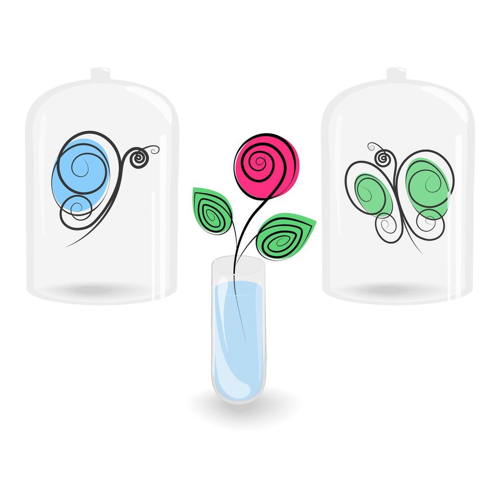 Stylized butterflies under glass lid and rose in transparent container with water. Set of 3 elements vector