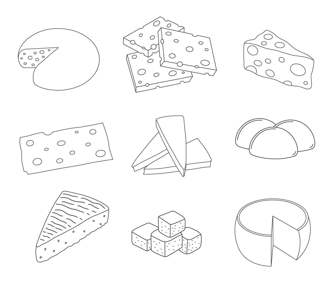 mano dibujado niños dibujo dibujos animados ilustración conjunto de diferente tipos queso icono aislado en blanco vector