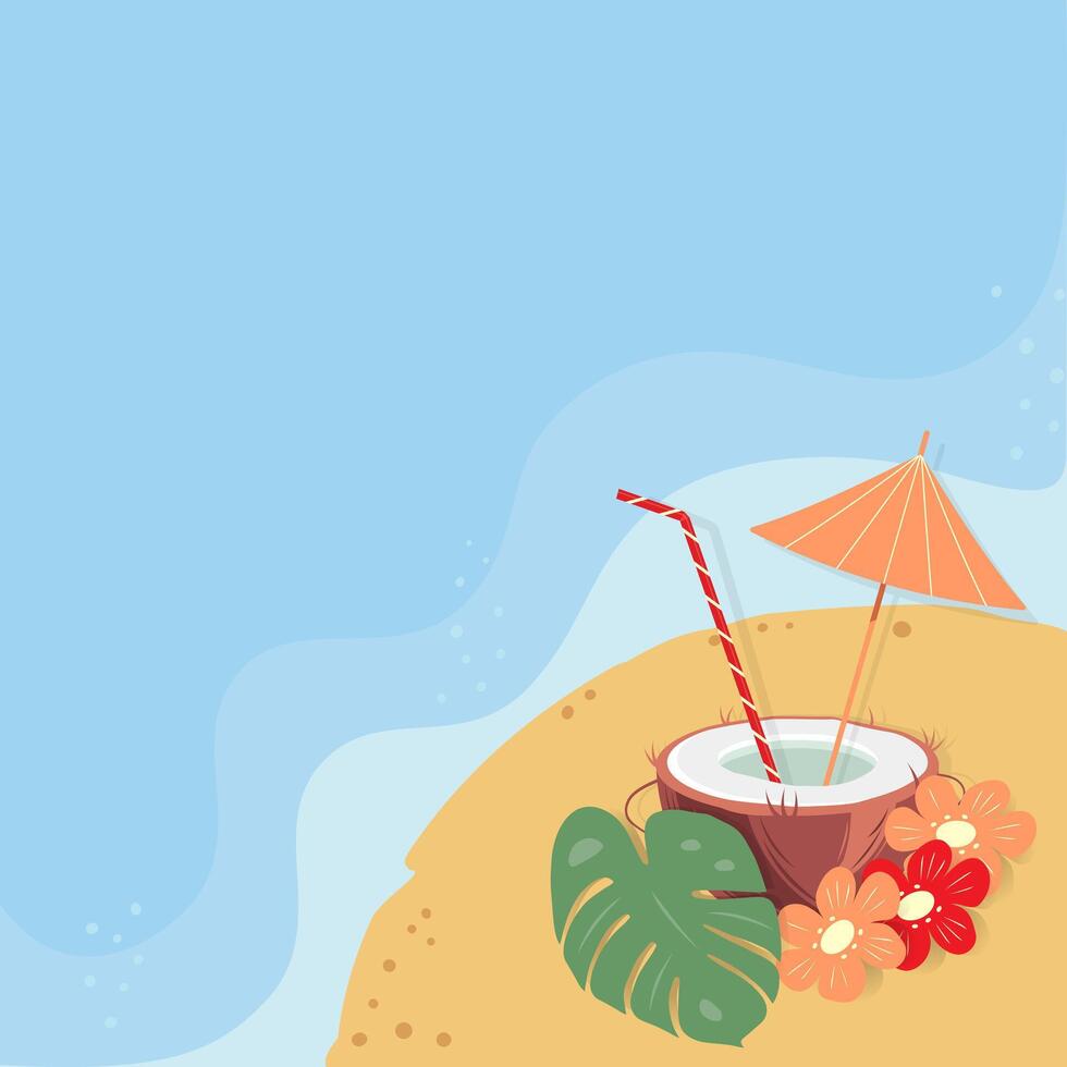 Half coconut, cocktail straw and umbrella inside with flowers and monstera leaves on the sea beach vector
