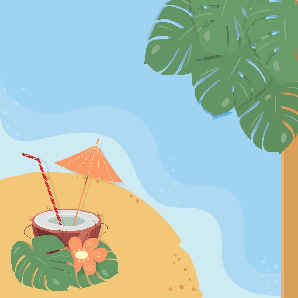 Cocktail in half coconut with straw, parasol, flower and palm leaves on sandy beach and sea backdrop vector