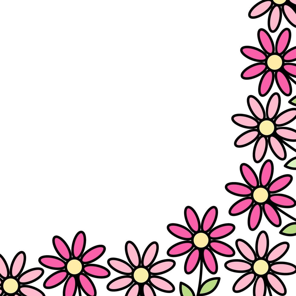 Abstract corner frame border of colorful blooming flowers in trendy bright and pale marker shades. vector