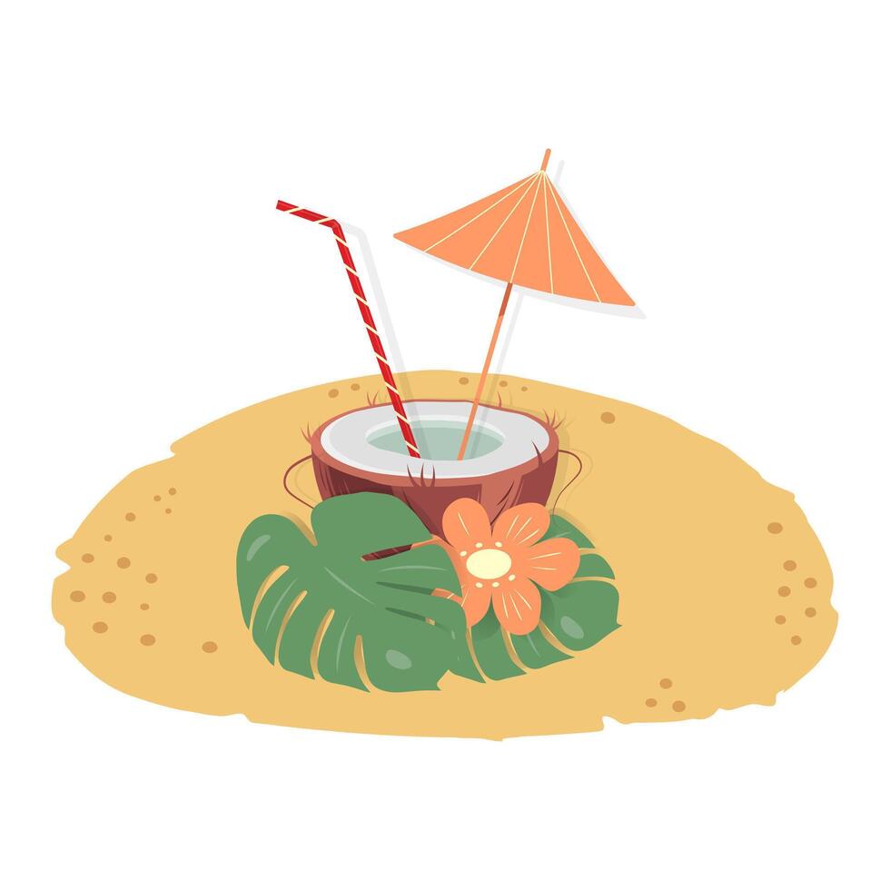 Half coconut with drink, cocktail straw and umbrella, flowers and monstera leaves on a sandy island vector