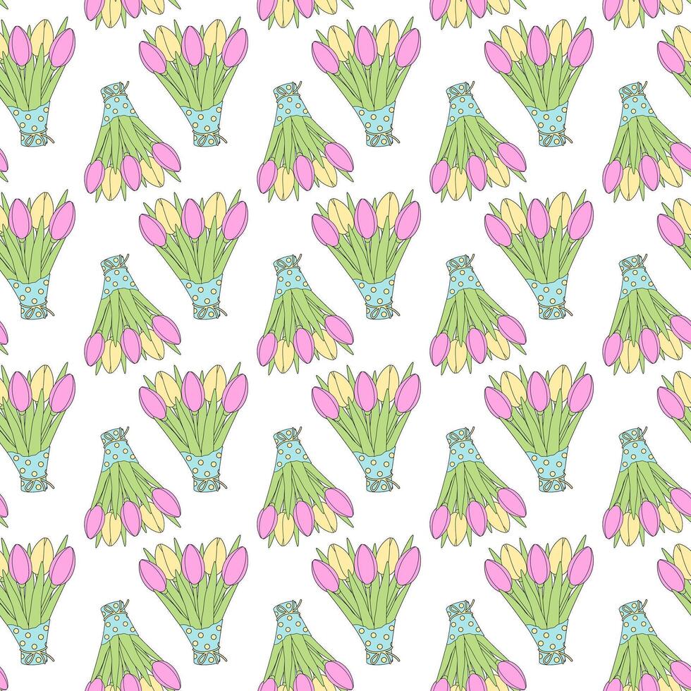 Seamless pattern of abstract tulips bouquets with pink and yellow flowers in colorful wrapping paper vector