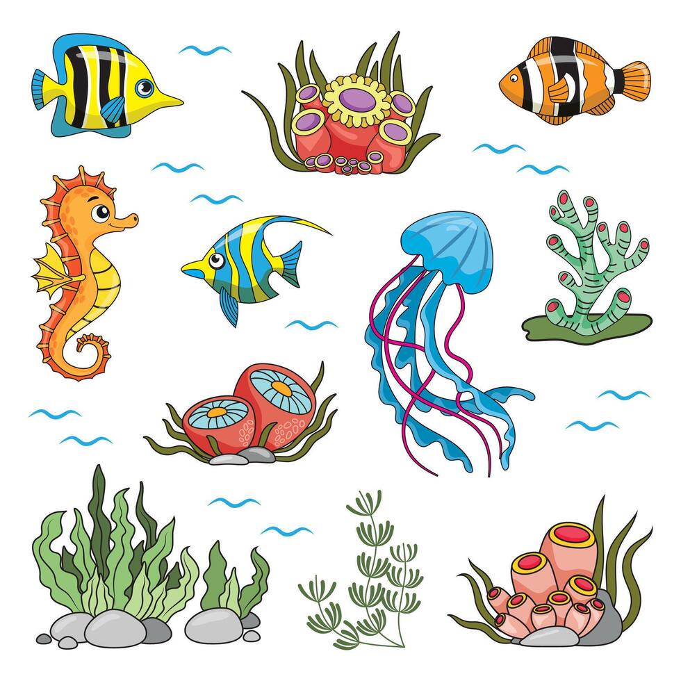 un conjunto de mar criaturas en el estilo de dibujos animados. pez, mar caballo, océano, conchas, algas y coral. color ilustración para niños libros y activista libros vector