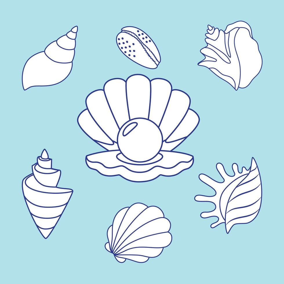 Set of seashells and starfish on white background. Flat cartoon style. Summer vacation collection, tropical beach shells. vector