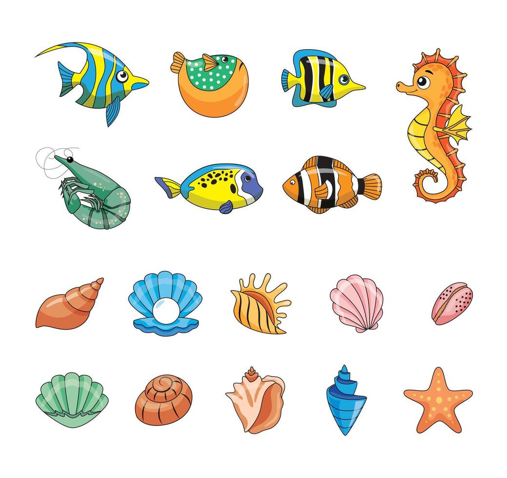 Set of sea fish and shells in cartoon style. Fish, sea horse, ocean, shells, algae and corals. Color illustration for children books and activist books vector