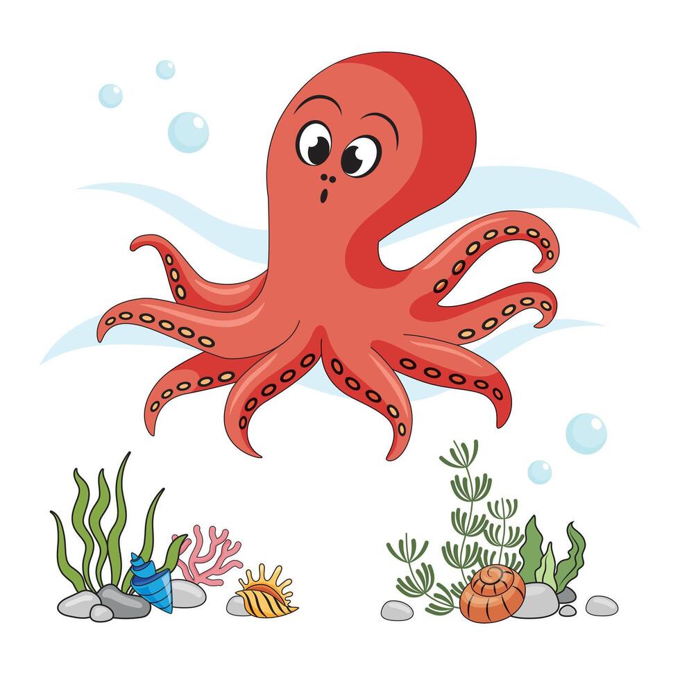 Octopus. Isolated octopus on a white background, sea bottom. Color illustration in the style of cartoon. Sea bottom with algae, shells and corals vector