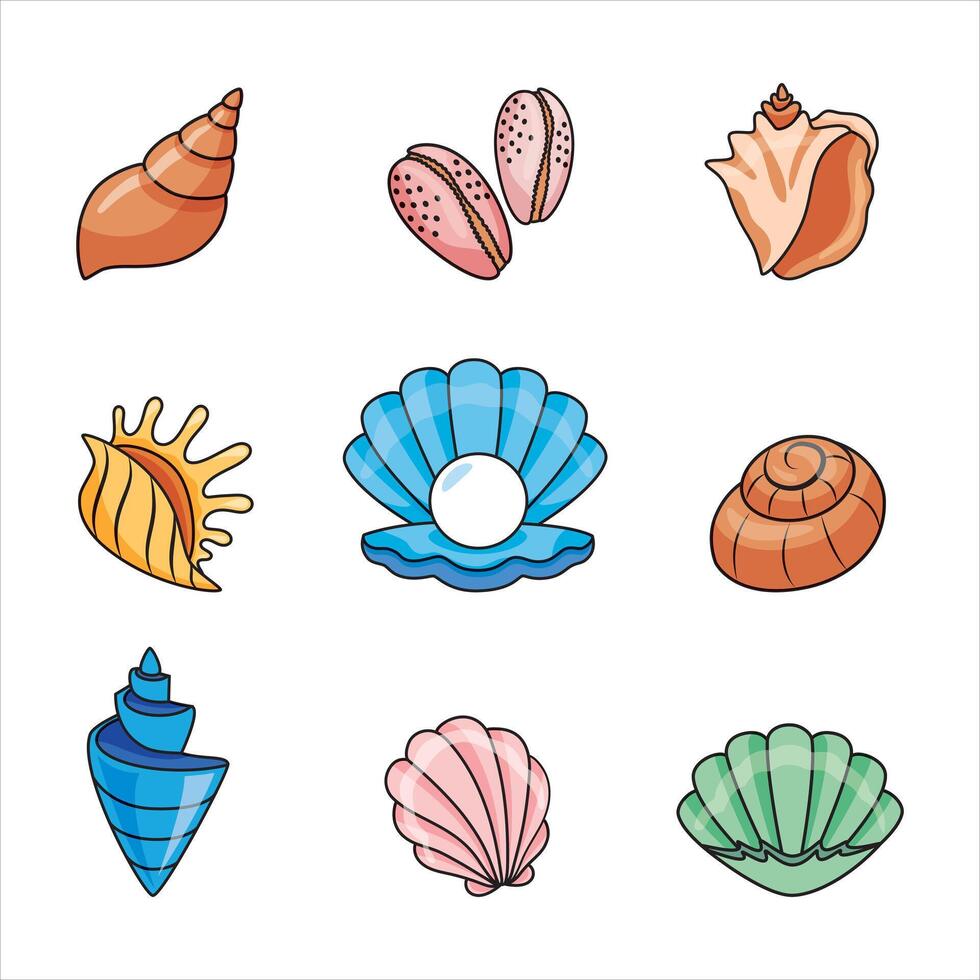 A set of icons, illustrations of various sea shells. Flat cartoon style. Summer vacation collection, tropical beach shells. vector