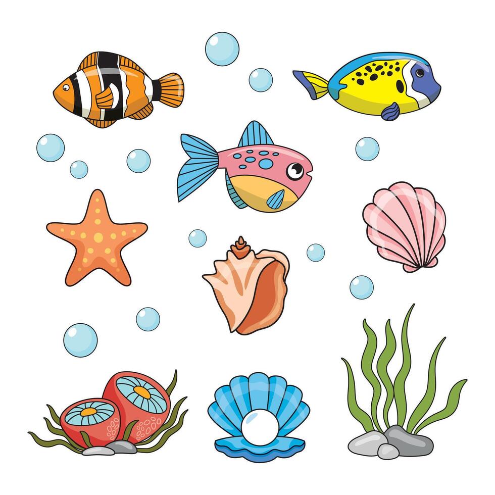 Set of sea fish and shells in cartoon style. Fish, sea horse, ocean, shells, algae and corals. Color illustration for children books and activist books vector