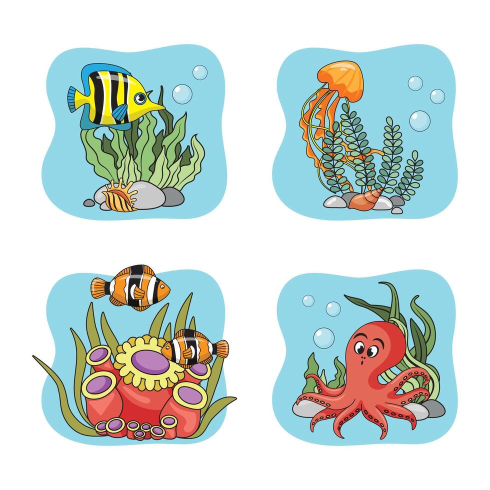 mar criaturas en el fondo del mar. representado pez, pulpo en corales y algas. fondo marino con algas, conchas y corales vector