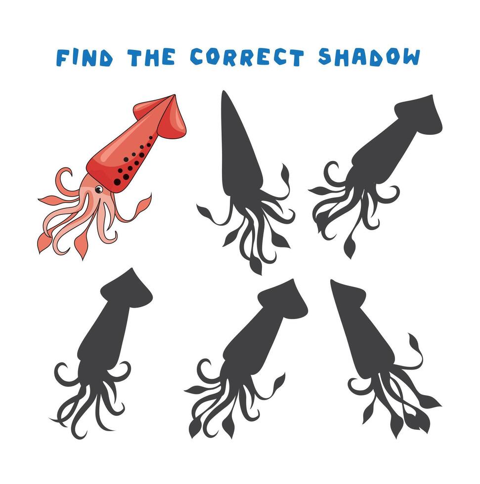 Mini games for children. preschoolers. Find the right shadow. Picture with squid. Games 3-4 years. Mini games for children. preschoolers. Development of logic in children. vector