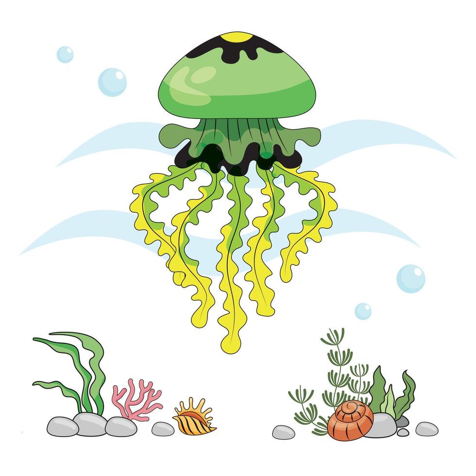 Jellyfish. Insulated yellow jellyfish on a white background, sea bottom. Color illustration in the style of cartoon. Seafloor with algae, shells and corals vector